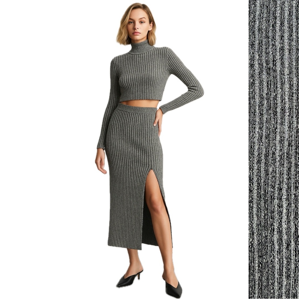 Zara Column Skirt Ribbed Knit High Waist Metallic Silver Gray Black Large L